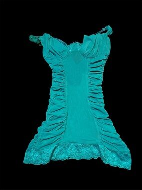 Teal Ruched Lace Slip Dress